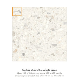 Sample size for Haven White Terrazzo-Look Tile: the outlined piece is about 100 × 100 mm, cut from a 600 × 600 mm tile.