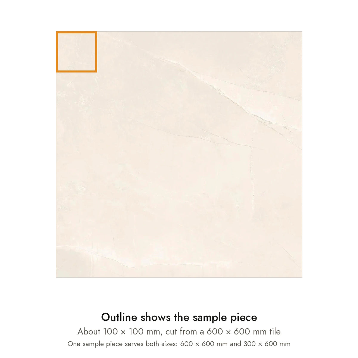 Sample size for Pietra Cream Marble-Look Tile: the outlined piece is about 100 × 100 mm, cut from a 600 × 600 mm tile.