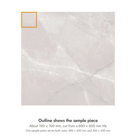 Sample size for Pietra Latte Marble-Look Tile: the outlined piece is about 100 × 100 mm, cut from a 600 × 600 mm tile.