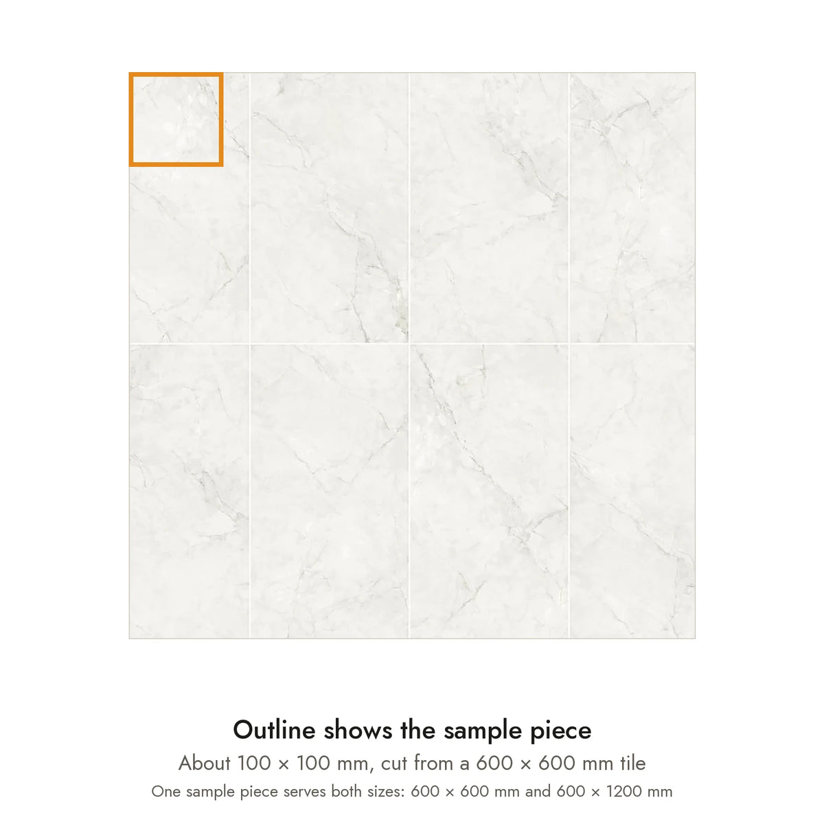 Sample size for Pietra Perla Marble-Look Tile: the outlined piece is about 100 × 100 mm, cut from a 600 × 600 mm tile.
