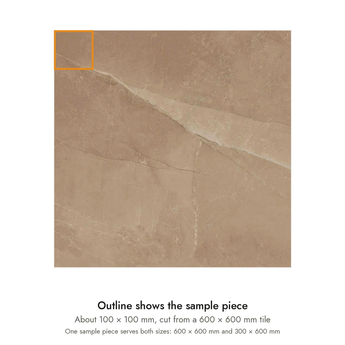Sample size for Pietra Sienna Marble-Look Tile: the outlined piece is about 100 × 100 mm, cut from a 600 × 600 mm tile.