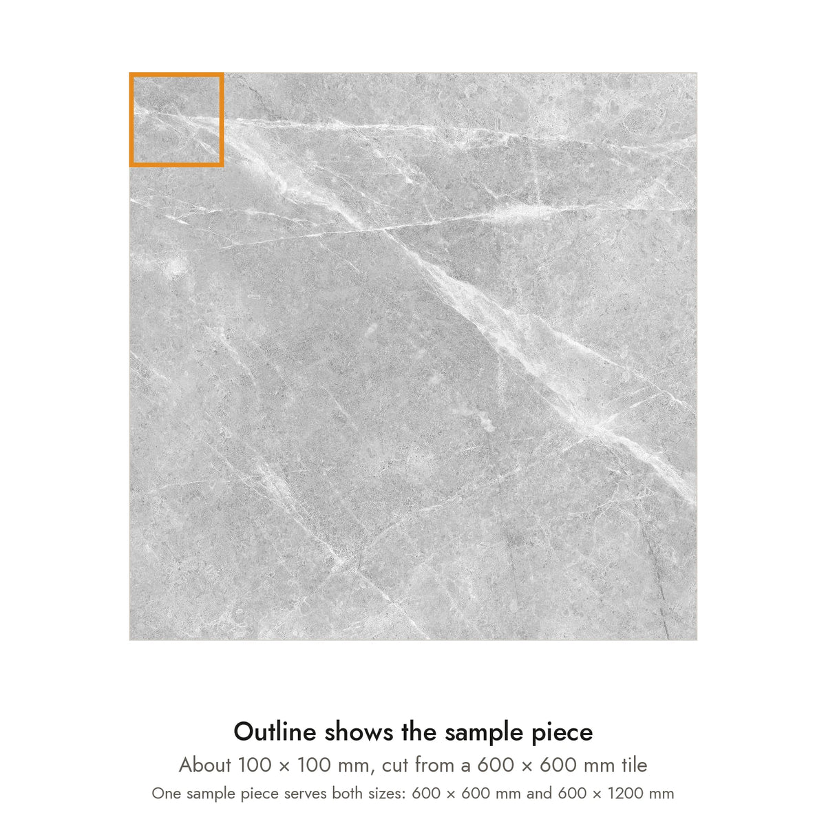 Sample size for Pietra Smoke Marble-Look Tile: the outlined piece is about 100 × 100 mm, cut from a 600 × 600 mm tile.