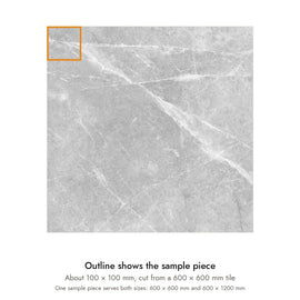 Sample size for Pietra Smoke Marble-Look Tile: the outlined piece is about 100 × 100 mm, cut from a 600 × 600 mm tile.