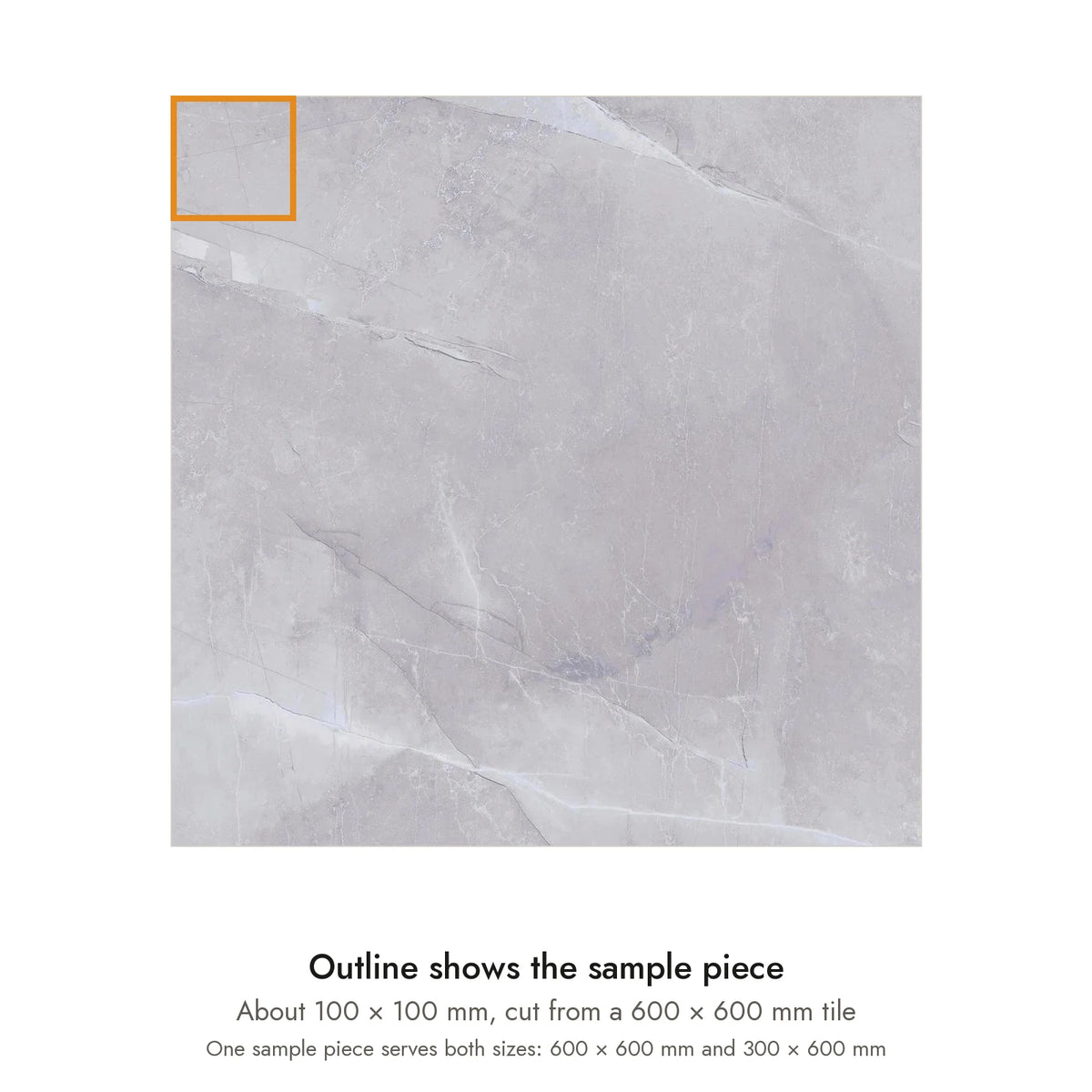 Sample size for Pietra Storm Marble-Look Tile: the outlined piece is about 100 × 100 mm, cut from a 600 × 600 mm tile.