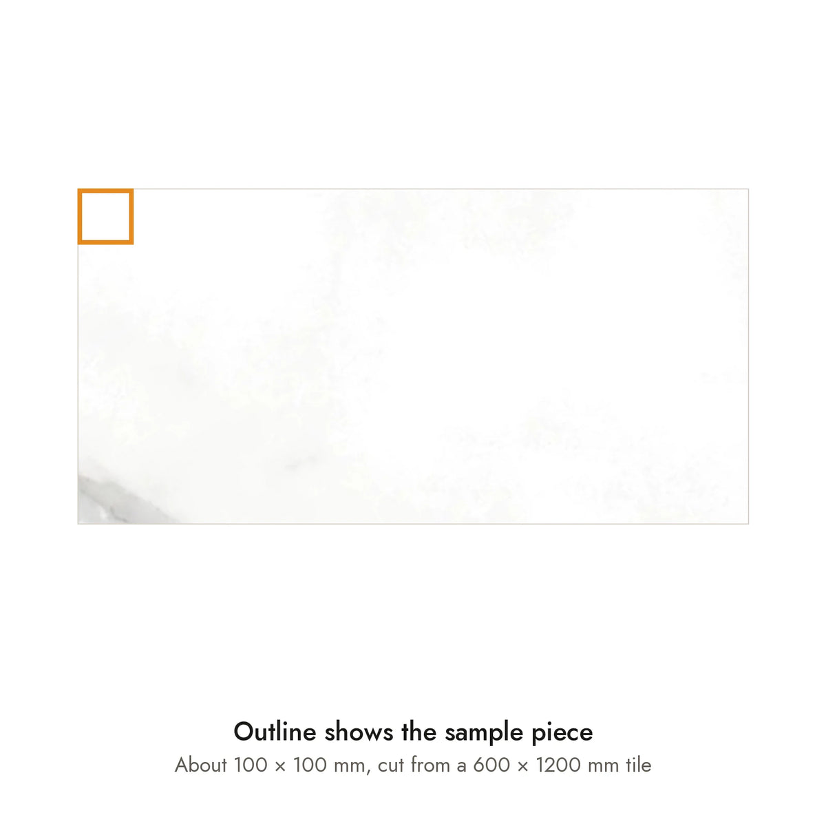 Sample size for Pietra Vela Marble-Look Tile: the outlined piece is about 100 × 100 mm, cut from a 600 × 1200 mm tile.