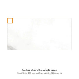 Sample size for Pietra Vela Marble-Look Tile: the outlined piece is about 100 × 100 mm, cut from a 600 × 1200 mm tile.