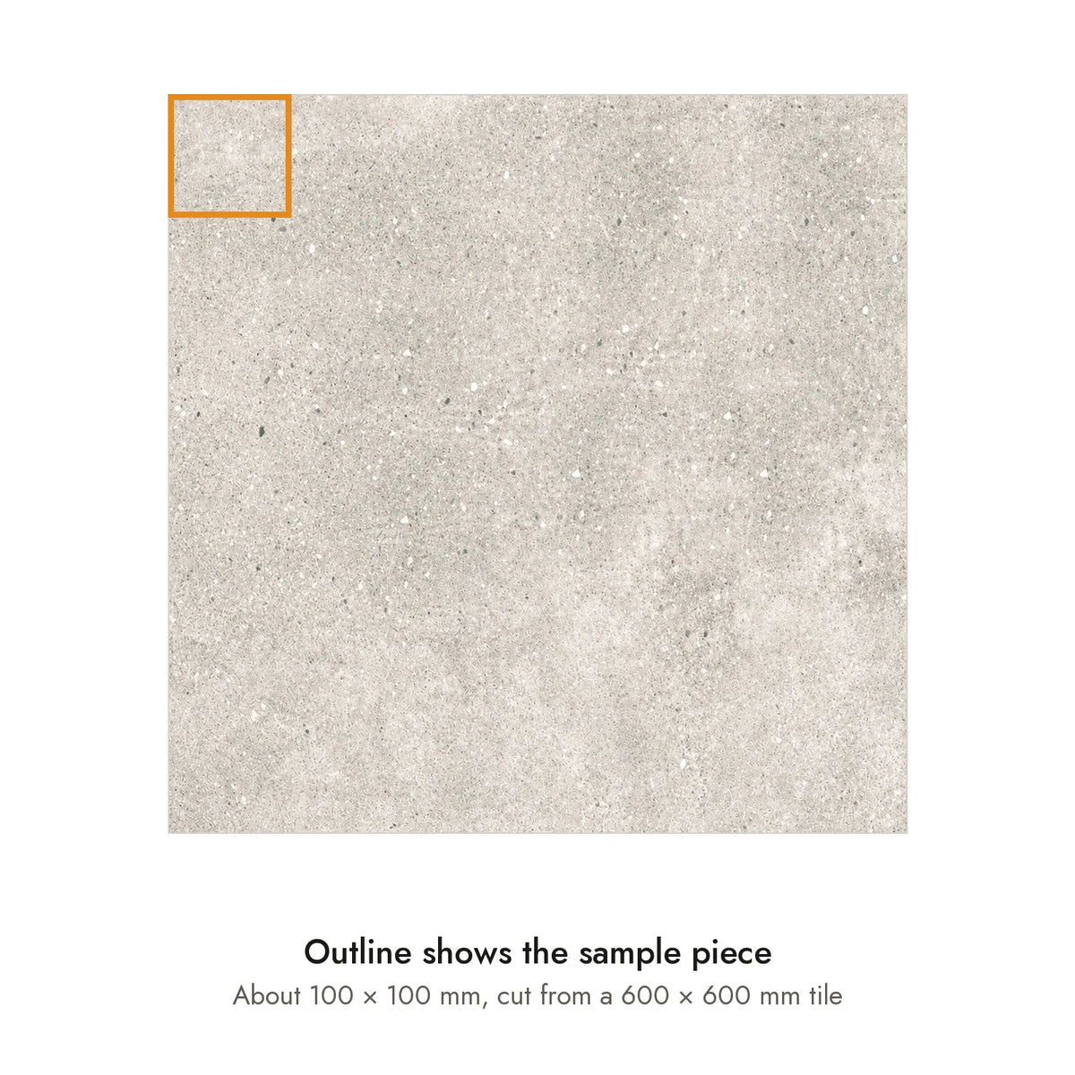 Sample size for Quarry Ash Concrete-Look Tile: the outlined piece is about 100 × 100 mm, cut from a 600 × 600 mm tile.