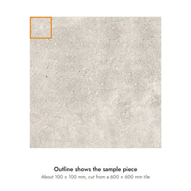 Sample size for Quarry Ash Concrete-Look Tile: the outlined piece is about 100 × 100 mm, cut from a 600 × 600 mm tile.