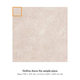 Sample size for Quarry Sand Concrete-Look Tile: the outlined piece is about 100 × 100 mm, cut from a 600 × 600 mm tile.
