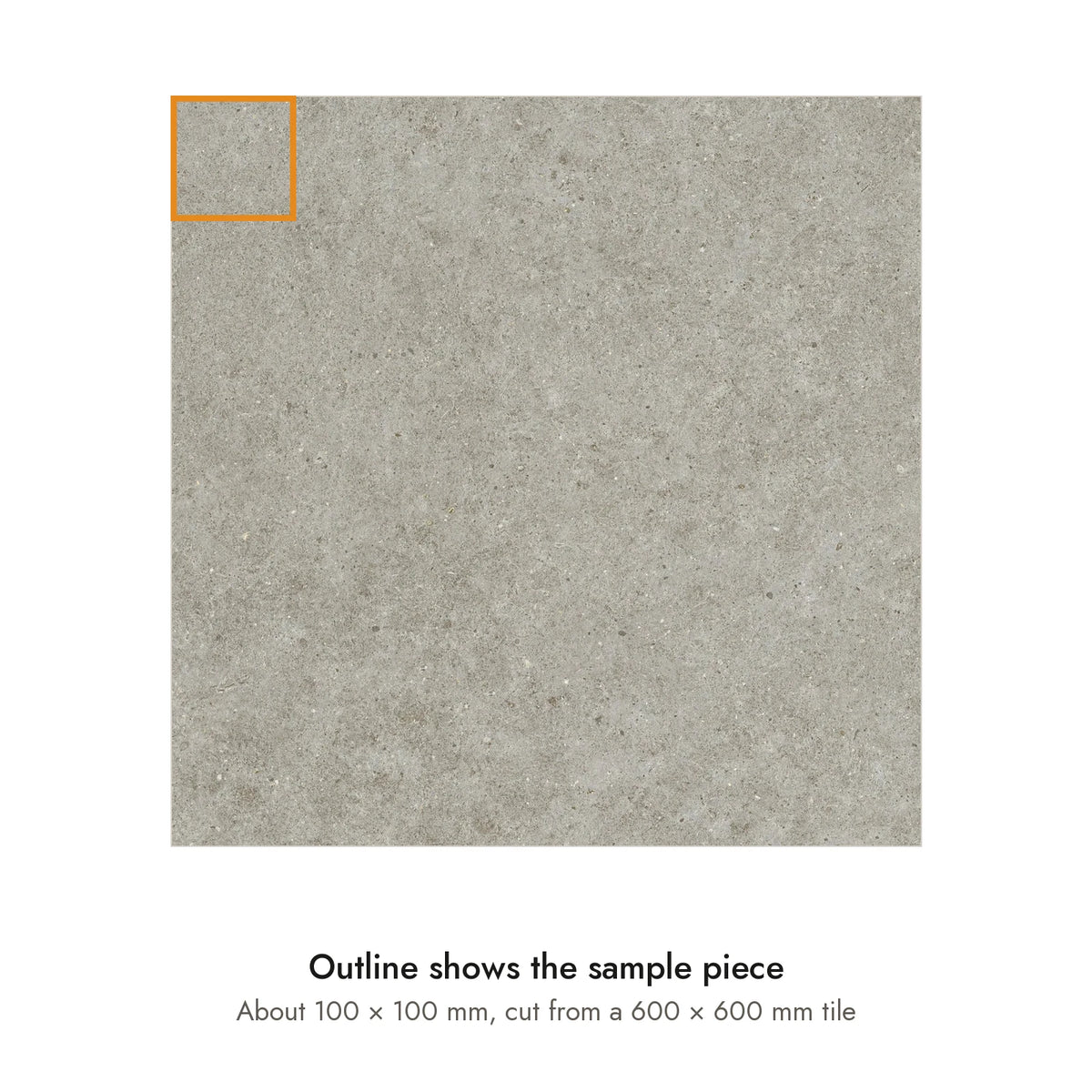 Sample size for Quarry Stone Concrete-Look Tile: the outlined piece is about 100 × 100 mm, cut from a 600 × 600 mm tile.