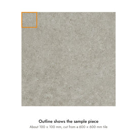 Sample size for Quarry Stone Concrete-Look Tile: the outlined piece is about 100 × 100 mm, cut from a 600 × 600 mm tile.
