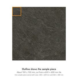 Sample size for Ridge Charcoal Stone-Look Tile: the outlined piece is about 100 × 100 mm, cut from a 600 × 600 mm tile.