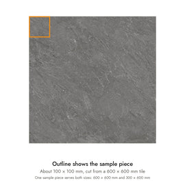 Sample size for Ridge Slate Stone-Look Tile: the outlined piece is about 100 × 100 mm, cut from a 600 × 600 mm tile.
