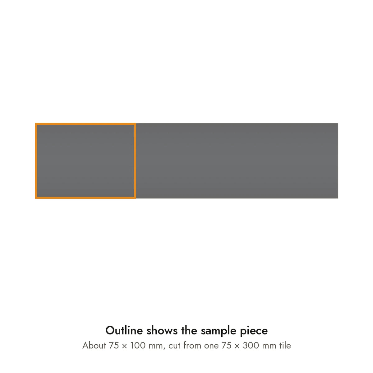 Sample size for Studio Charcoal Subway Tile: the outlined piece is about 75 × 100 mm, cut from one 75 × 300 mm tile.