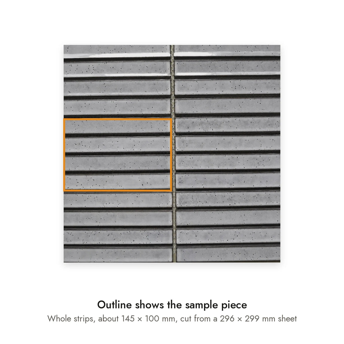 Sample size for Studio Graphite Strip Mosaic Tile: the outlined whole strips are about 145 × 100 mm, cut from a 296 × 299 mm sheet.