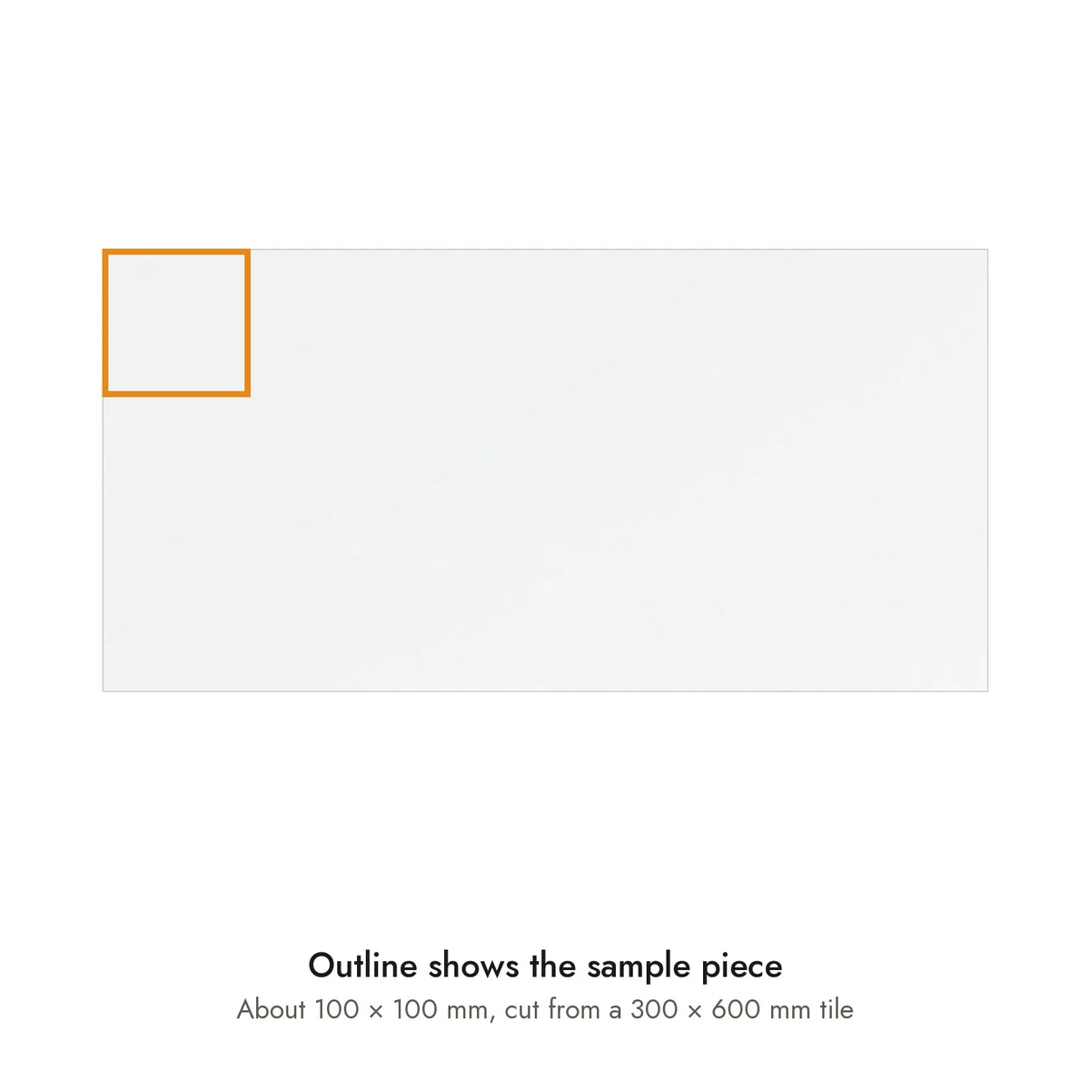 Sample size for Studio Pure White Wall Tile: the outlined piece is about 100 × 100 mm, cut from a 300 × 600 mm tile.