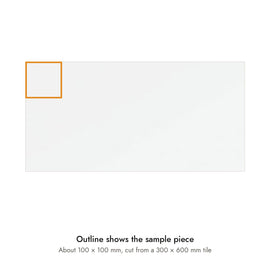 Sample size for Studio Pure White Wall Tile: the outlined piece is about 100 × 100 mm, cut from a 300 × 600 mm tile.