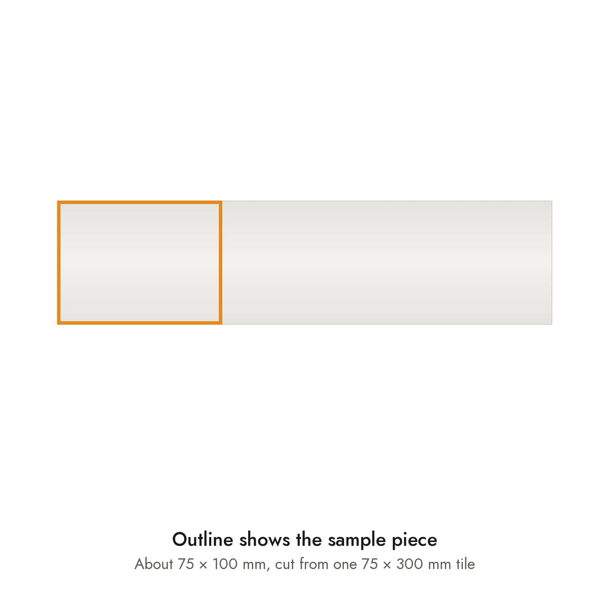 Sample size for Studio Wave Subway Tile: the outlined piece is about 75 × 100 mm, cut from one 75 × 300 mm tile.