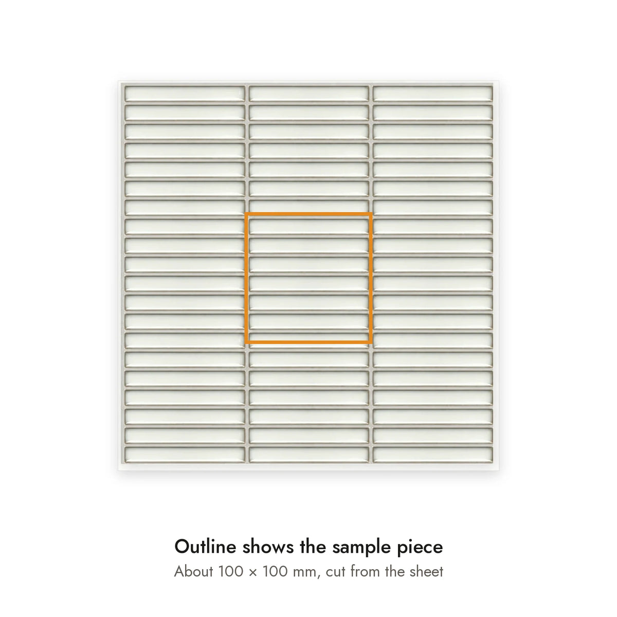 Sample size for Studio White Finger Mosaic Tile: the outlined section is about 100 × 100 mm, cut from the sheet.