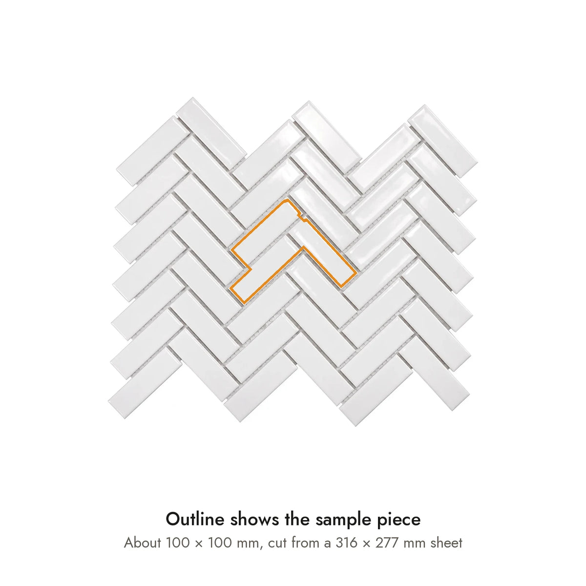 Sample size for Studio White Herringbone Mosaic Tile: the outlined section is about 100 × 100 mm, cut from a 316 × 277 mm sheet.