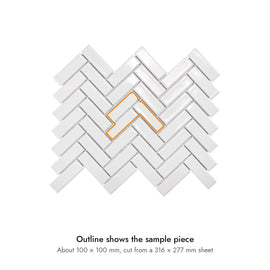 Sample size for Studio White Herringbone Mosaic Tile: the outlined section is about 100 × 100 mm, cut from a 316 × 277 mm sheet.