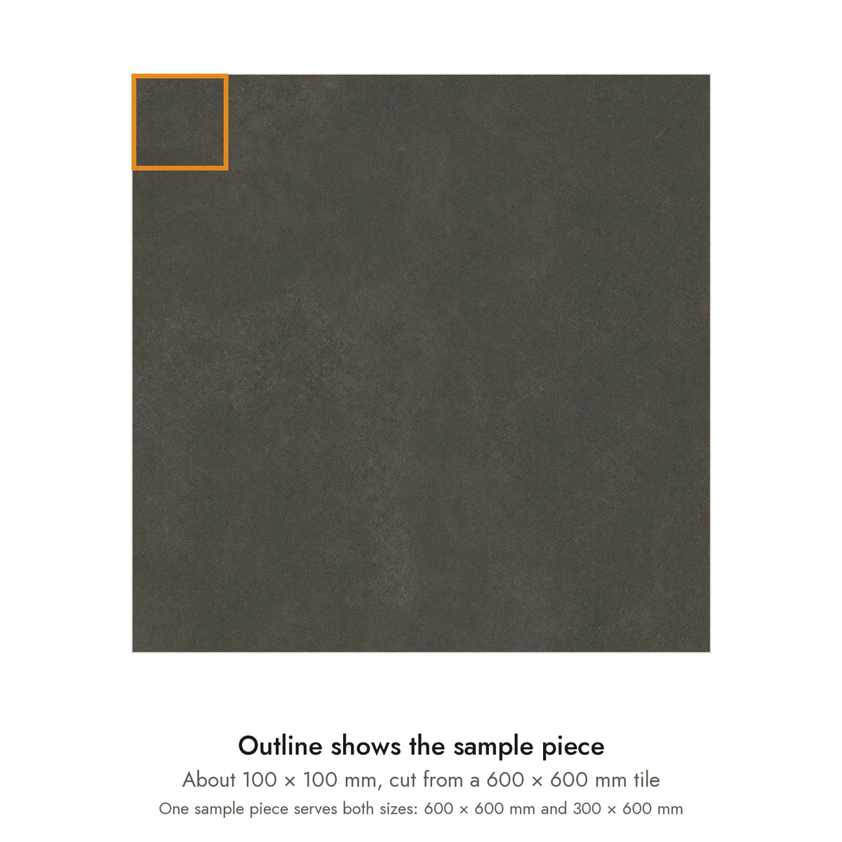 Sample size for Urban Graphite Concrete-Look Tile: the outlined piece is about 100 × 100 mm, cut from a 600 × 600 mm tile.