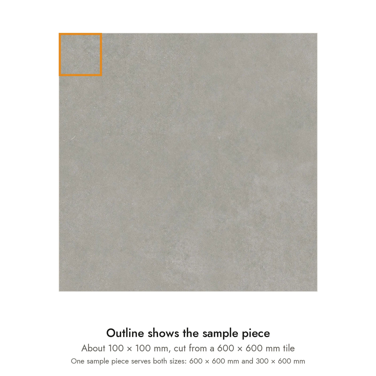 Sample size for Urban Mist Concrete-Look Tile: the outlined piece is about 100 × 100 mm, cut from a 600 × 600 mm tile.