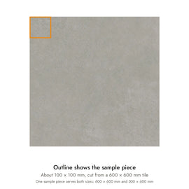 Sample size for Urban Mist Concrete-Look Tile: the outlined piece is about 100 × 100 mm, cut from a 600 × 600 mm tile.