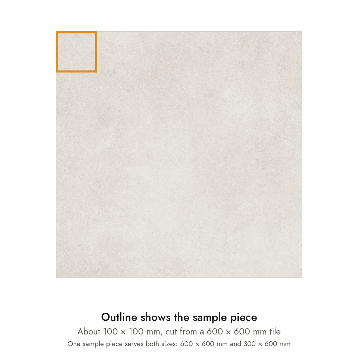 Sample size for Urban Pearl Concrete-Look Tile: the outlined piece is about 100 × 100 mm, cut from a 600 × 600 mm tile.