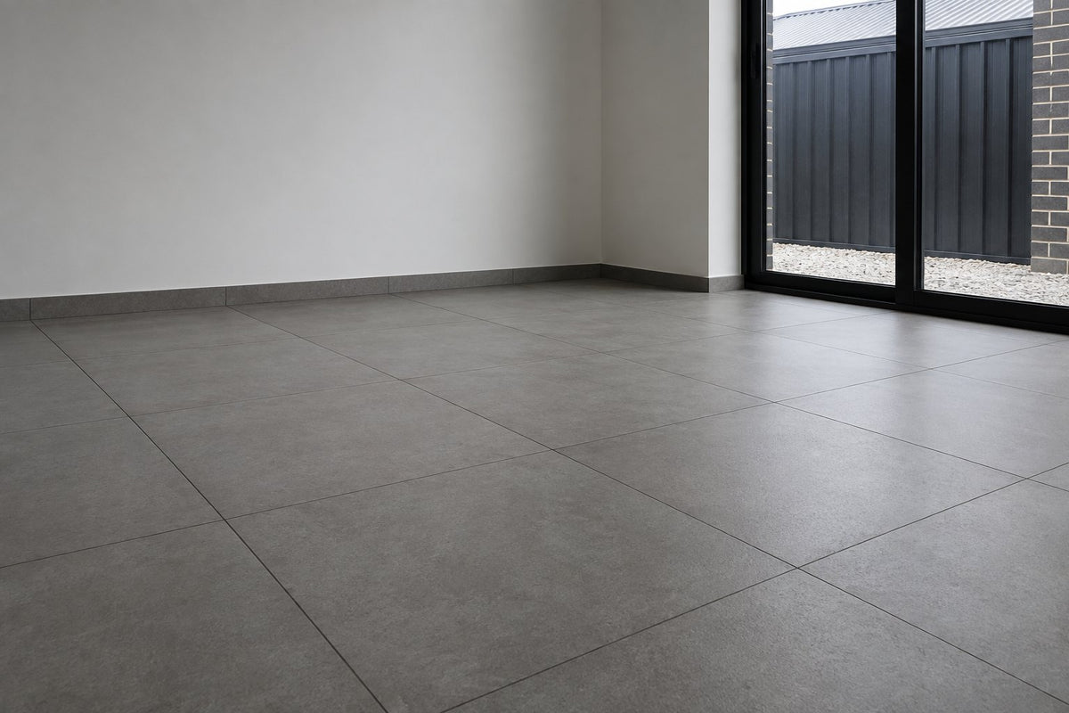 Mid-grey concrete-look tiles with dark grout in a plain laundry room with a black-framed window, flat daylight.