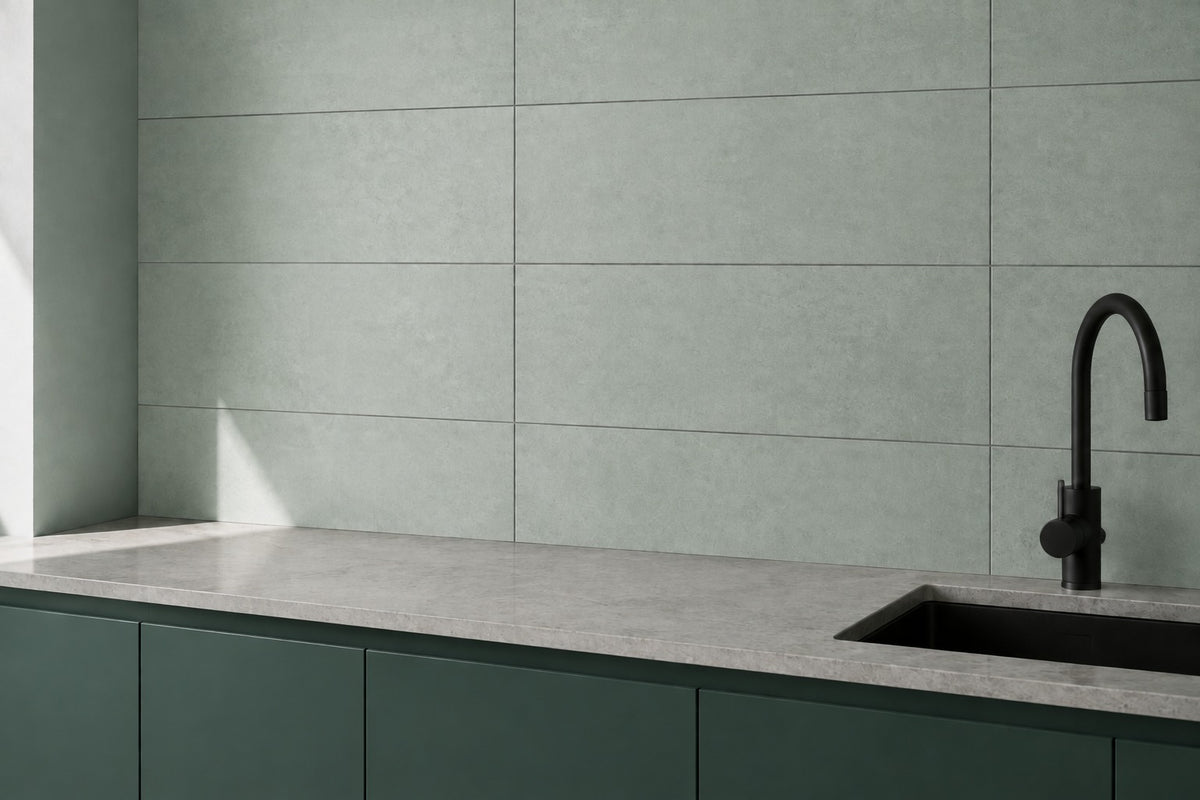 Large pale green-grey rectangular wall tiles sit above a cool stone benchtop and deep eucalypt-green cabinets with a black sink and tap.