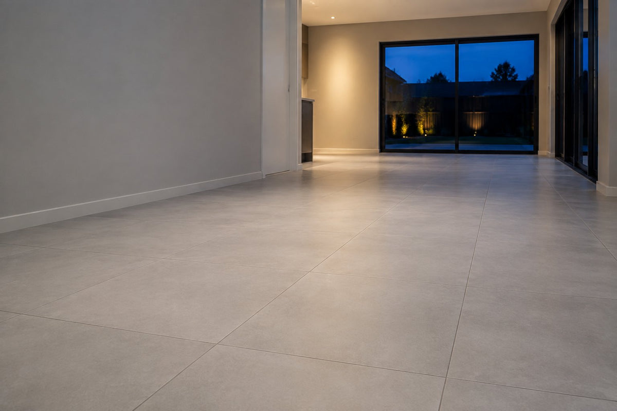 Pale grey large-format tiles laid in a straight grid across an open-plan room at dusk, sliding doors and garden lighting beyond.