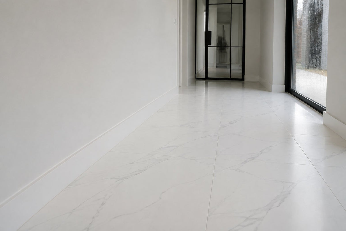 Large white marble-look porcelain tiles with fine grey veining in a bright hallway with a black steel-framed door.