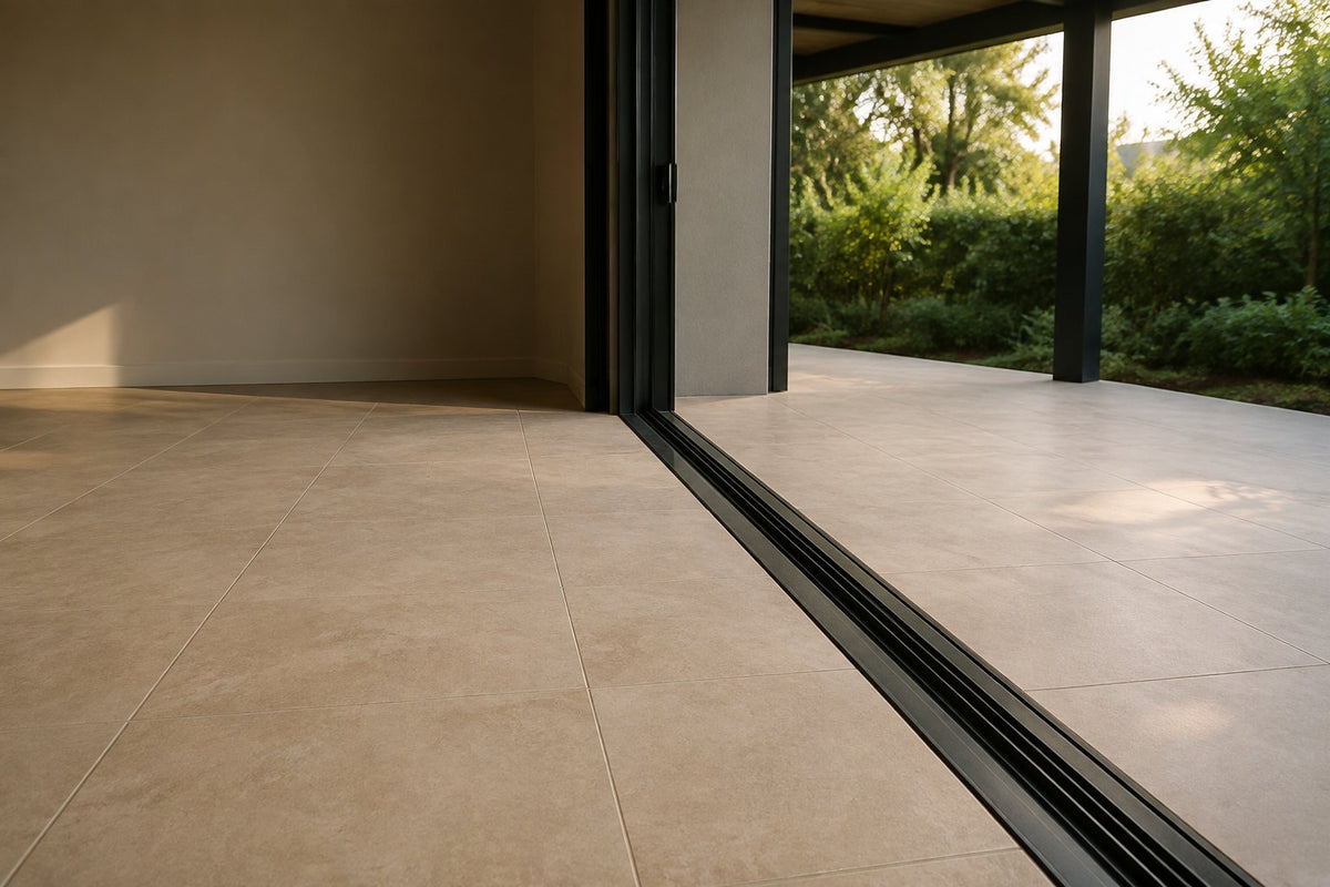 Honed pale stone-look tiles running from a living room across a sliding-door threshold to a covered patio in afternoon light.
