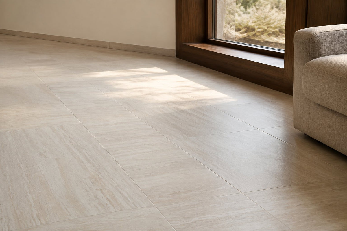 Ivory vein-cut travertine-look tiles on a living room floor beside a linen sofa and a deep timber window reveal, late afternoon light.