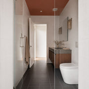 Studio Chalk Subway Tile on bathroom walls, vertical stack layout. Reference installation photographed by our supplier.