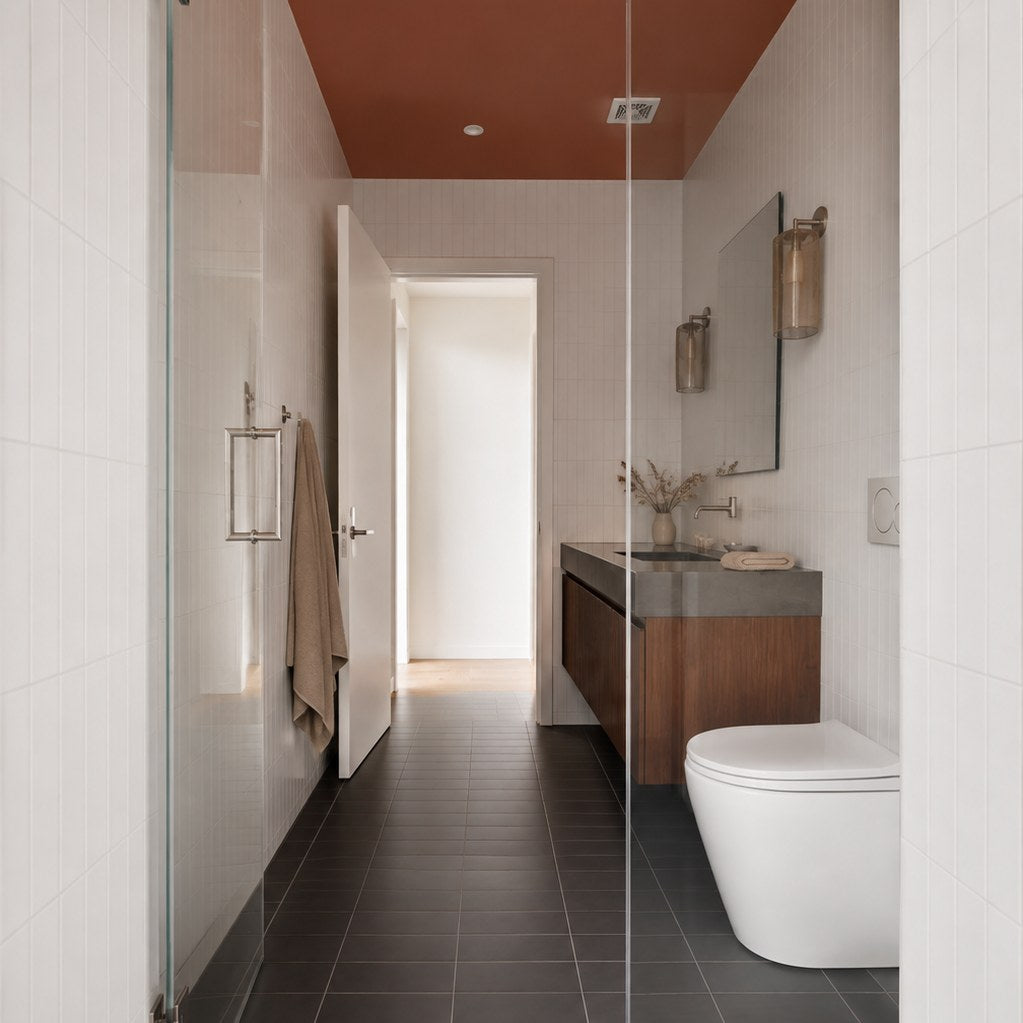 Studio Chalk Subway Tile on bathroom walls, vertical stack layout. Reference installation photographed by our supplier.