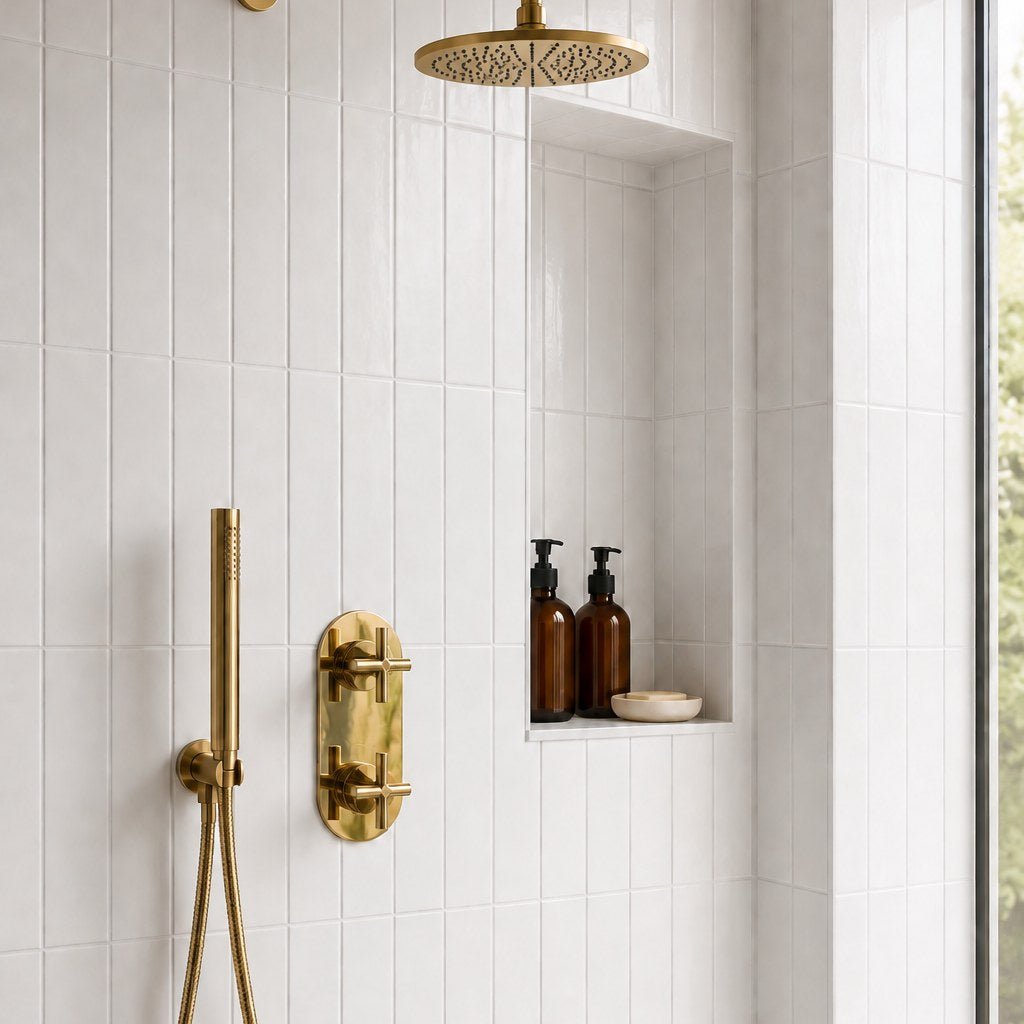Studio Chalk Subway Tile in a shower, vertical stack layout. Reference installation photographed by our supplier.