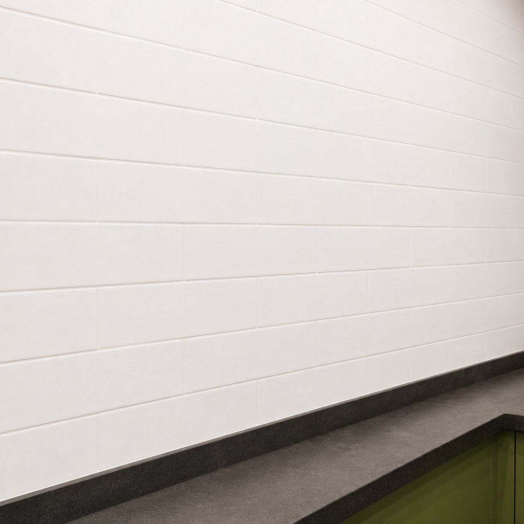 Studio Flat Subway Tile as a kitchen splashback, corner view. Reference installation photographed by our supplier.