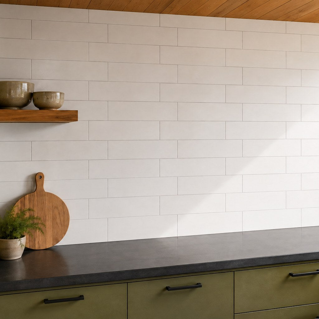 Studio Flat Subway Tile as a kitchen splashback. Reference installation photographed by our supplier.
