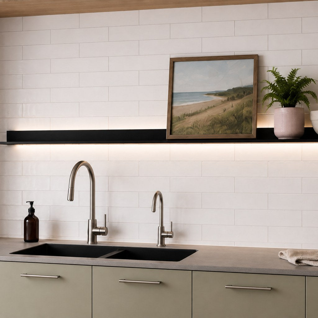 Studio Linen Subway Tile as a kitchen splashback, close view. Reference installation photographed by our supplier.