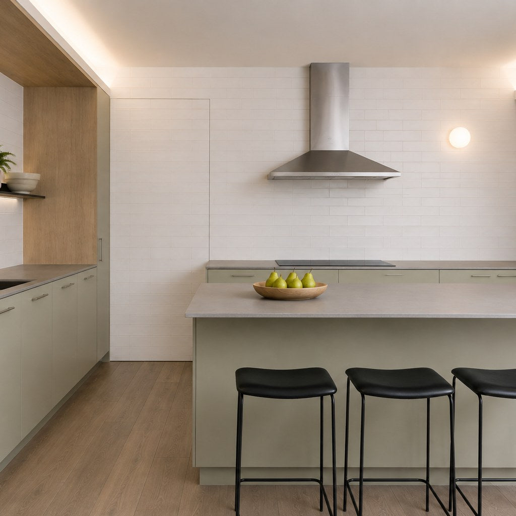 Studio Linen Subway Tile as a kitchen splashback, seen across the island. Reference installation photographed by our supplier.