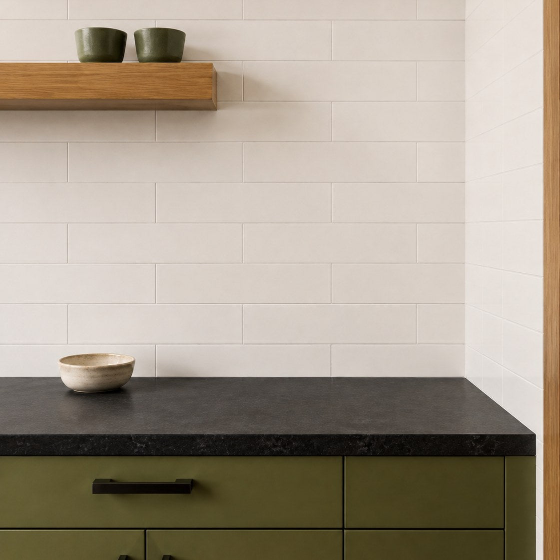 Studio Linen Subway Tile as a kitchen splashback, close view of the courses. Reference installation photographed by our supplier.
