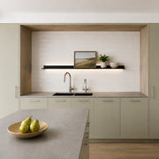 Studio Linen Subway Tile as a kitchen splashback. Reference installation photographed by our supplier.