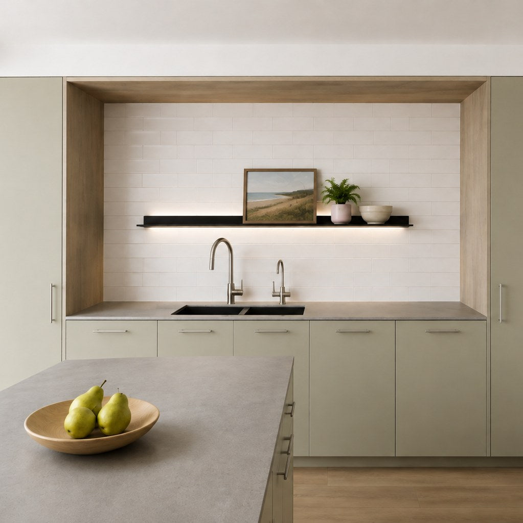 Studio Linen Subway Tile as a kitchen splashback. Reference installation photographed by our supplier.