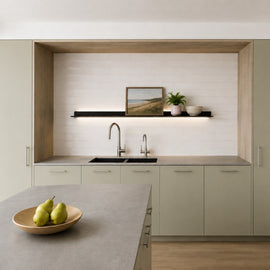 Studio Linen Subway Tile as a kitchen splashback. Styling idea.