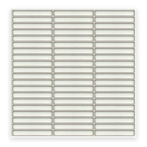 Studio White Finger tile sheet: a sheet of white gloss finger tiles in three columns of stacked rectangles, shown flat on a white background.