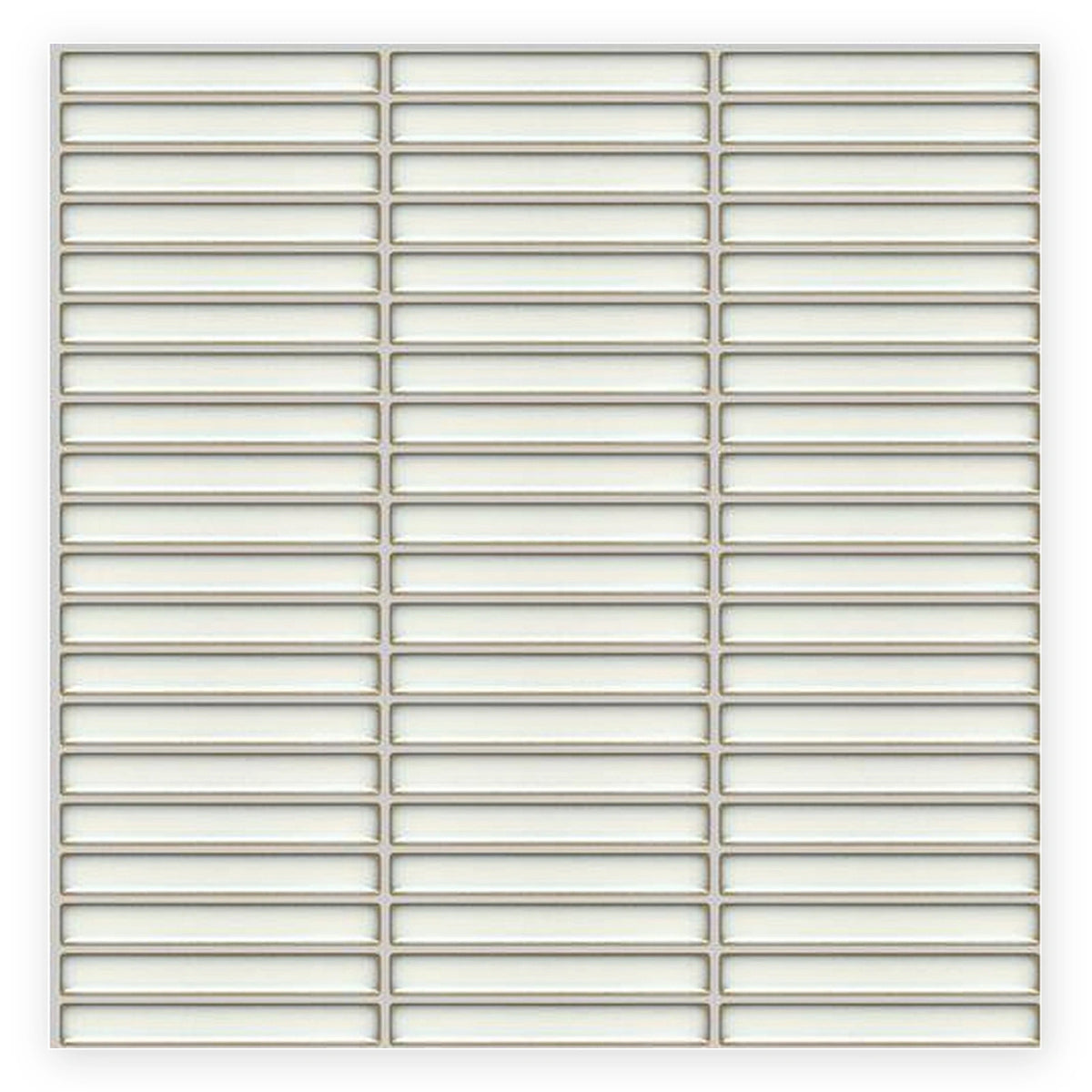 Studio White Finger Mosaic Tile: a sheet of white gloss finger tiles in three columns of stacked rectangles, shown flat on a white background.