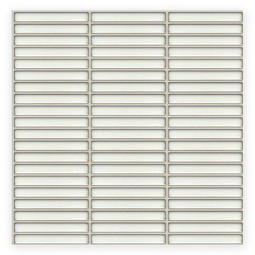 Studio White Finger Mosaic Tile: a sheet of white gloss finger tiles in three columns of stacked rectangles, shown flat on a white background.