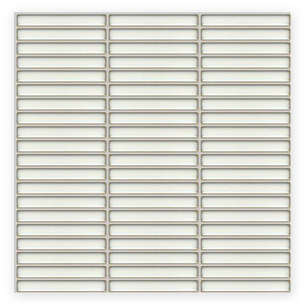 Studio White Finger Mosaic Tile: a sheet of white gloss finger tiles in three columns of stacked rectangles, shown flat on a white background.